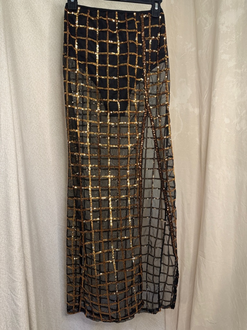 Black & Gold Sequin Grid Swim Coverup Maxi